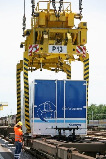 Ein Wechselsystem wird f�r den Weitertransport auf der Schiene bereitgemacht