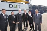 Einweihung des D3T-Terminals: G�nter Kozlowski (Staatssekret�r im NRW-Verkehrsministerium), Adolf Sauerland (OB Duisburg), Ministerpr�sident Dr. J�rgen R�ttgers, Erich Staake, Masamichi Morooka (NYK Europe) und Farid T. Salem (CMA CGM)