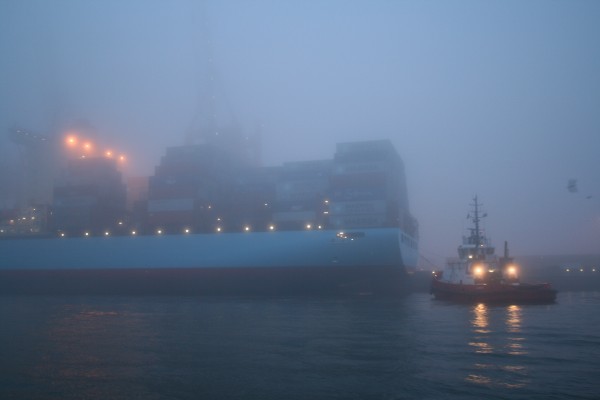 Foto: fh - Die Marit Maersk im Hamburger Nebel