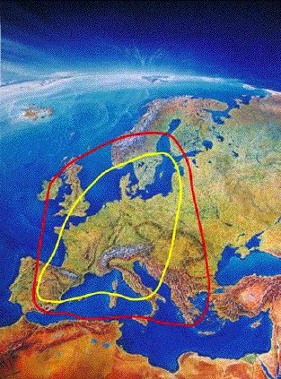 Viel zu sehen: Die CARO-Empfangsreichweiten f�r Astra (gelb) und Hotbird (rot)