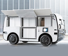 Autonomes Zustellfahrzeug Loxo Alpha mit Fächern für Bestellartikel. Foto: Loxo Autonomes Zustellfahrzeug Loxo Alpha mit Fächern für Bestellartikel. Foto: Loxo
